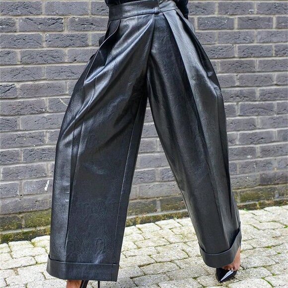 Black Elegant Women's Faux leather Baggy pocketed Pants contemporary high street - Picture 4 of 6